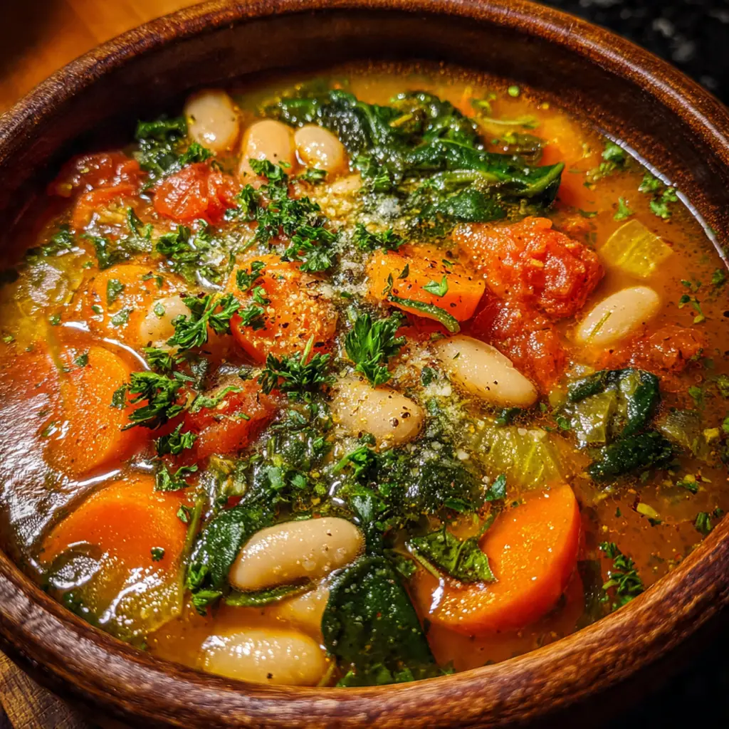 Hearty vegetable and bean soup simmering in a Dutch oven with steam rising