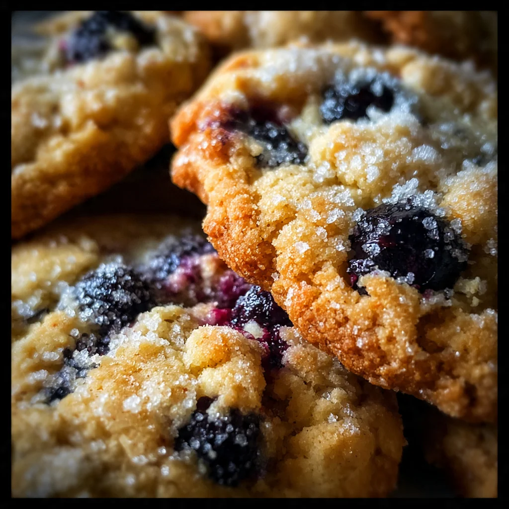 Homemade blueberry jam cookies arranged on a white plate with fresh blueberries and a cup of tea in the background