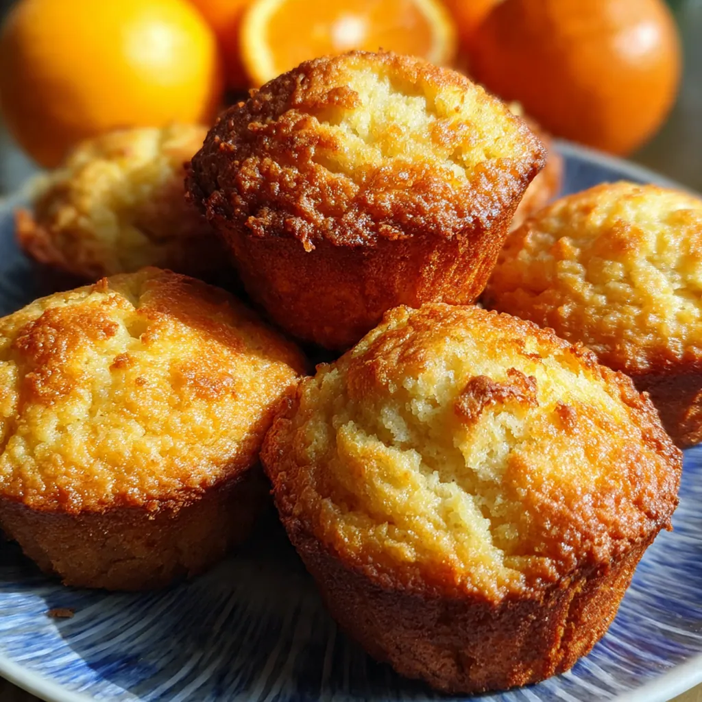 A rustic plate of orange muffins with a cup of coffee and fresh orange slices nearby