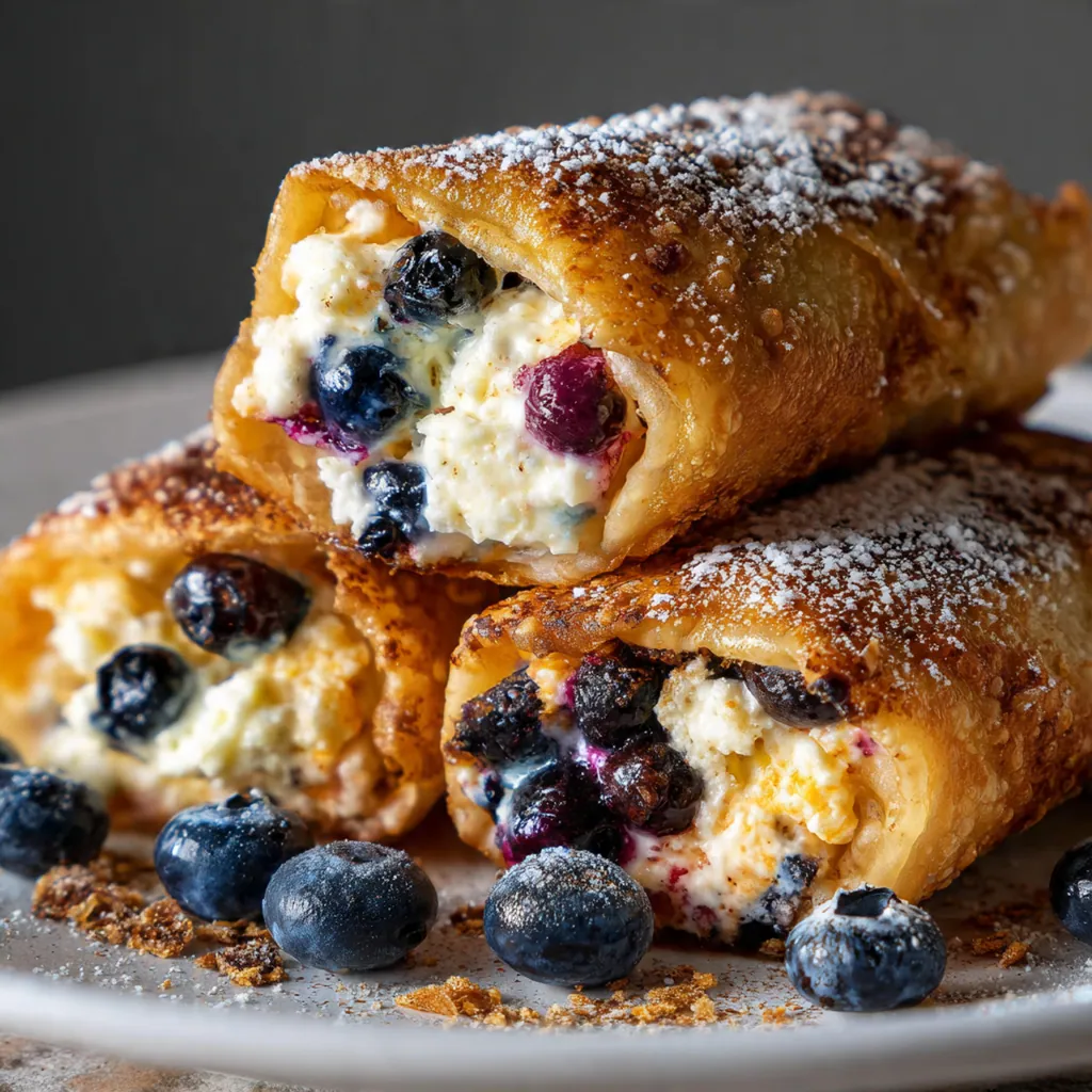 Ingredients for blueberry cheesecake eggrolls including cream cheese, fresh blueberries, and eggroll wrappers