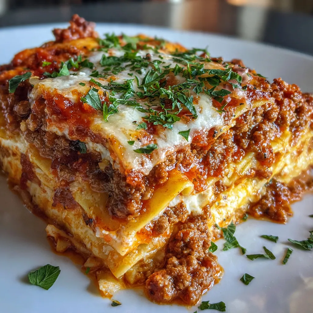 Close-up slice of easy good lasagna showing perfect layers of meat, noodles, and cheese
