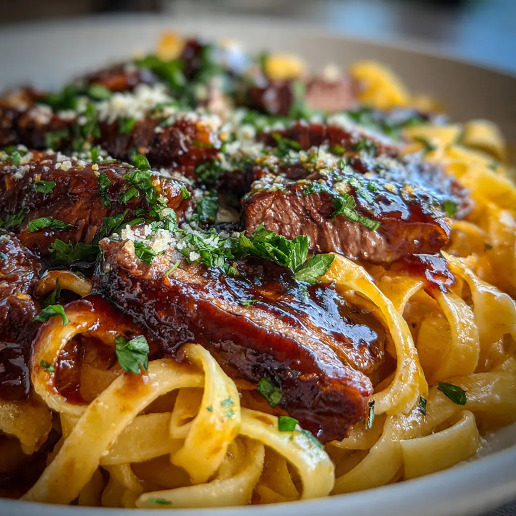 Close-up of a fork twirling pasta with steak and creamy BBQ sauce, garnished with parsley