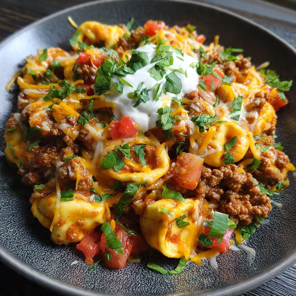 A served plate of the bake garnished with fresh cilantro, green onions, and a dollop of sour cream
