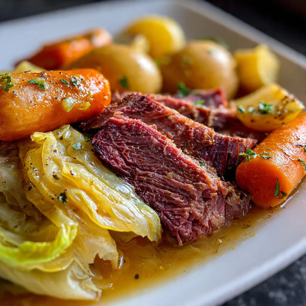 Sliced corned beef brisket on a platter with carrots and potatoes