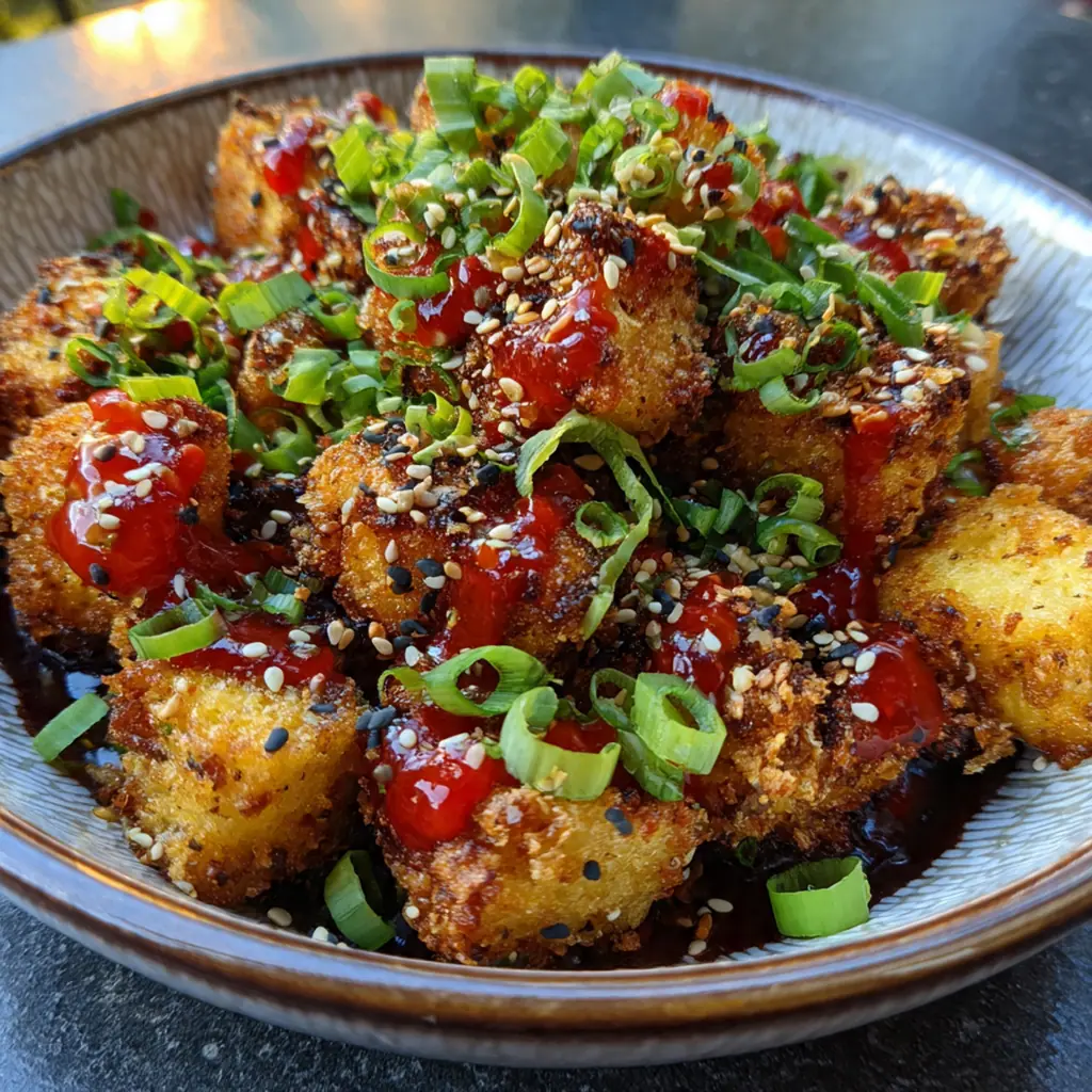 Close-up shot of seasoned tofu cubes coated in white cornstarch before cooking