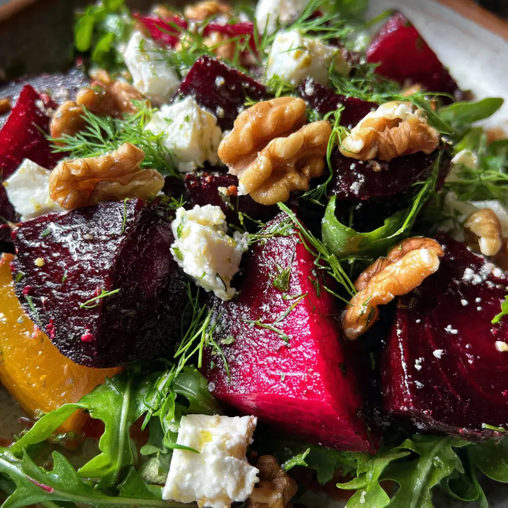 Overhead shot of salad ingredients: whole roasted beets, feta block, lemon, and dill sprigs