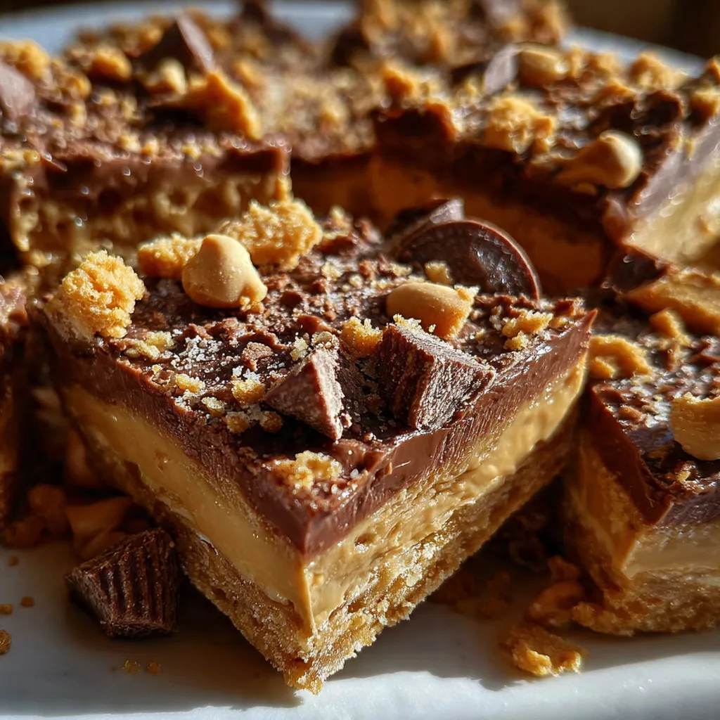 A stack of homemade peanut butter chocolate bars ready to serve beside a glass of milk