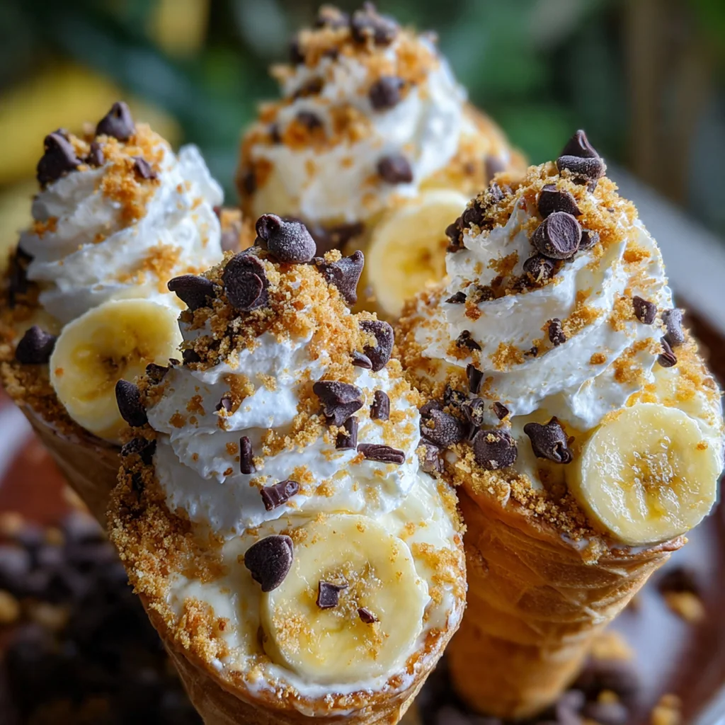 Close-up of a hand holding a sugar cone filled with layers of creamy filling, vanilla wafer crumbs, and banana slices