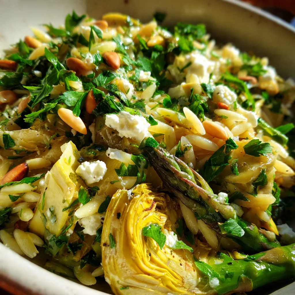 Plated orzo asparagus salad garnished with lemon zest and fresh basil leaves ready to eat