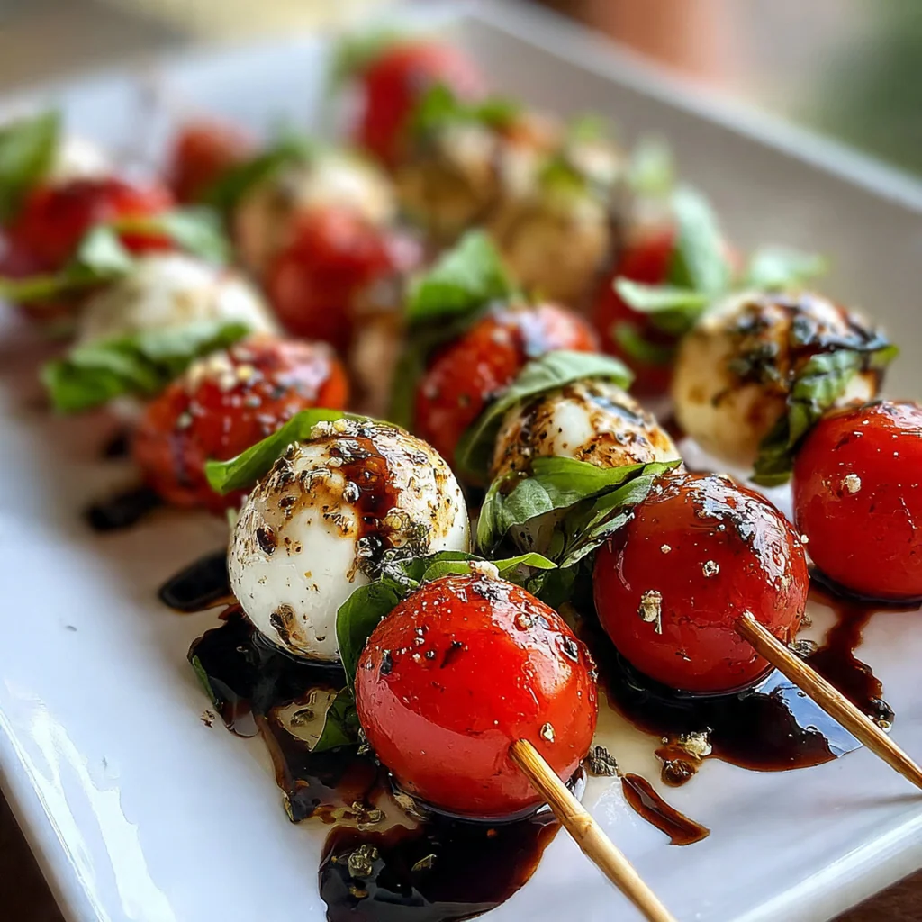 A spread of ingredients for Caprese skewers: cherry tomatoes, mozzarella balls, basil, and a bowl of glaze