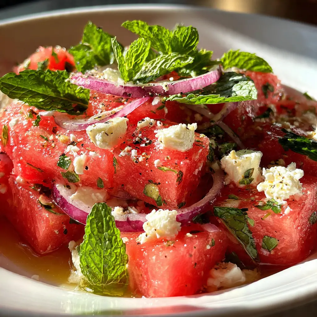 Colorful watermelon salad served in a bowl at an outdoor picnic with lemon wedges