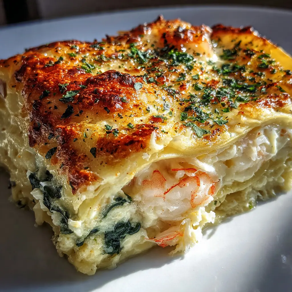 Overhead view of a bubbling seafood lasagna with a crispy cheese top fresh from the oven, garnished with fresh dill