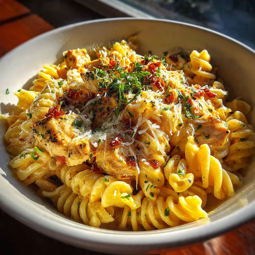 A served plate of chicken pasta bake garnished with fresh cilantro and sliced jalapeños, next to a green salad.