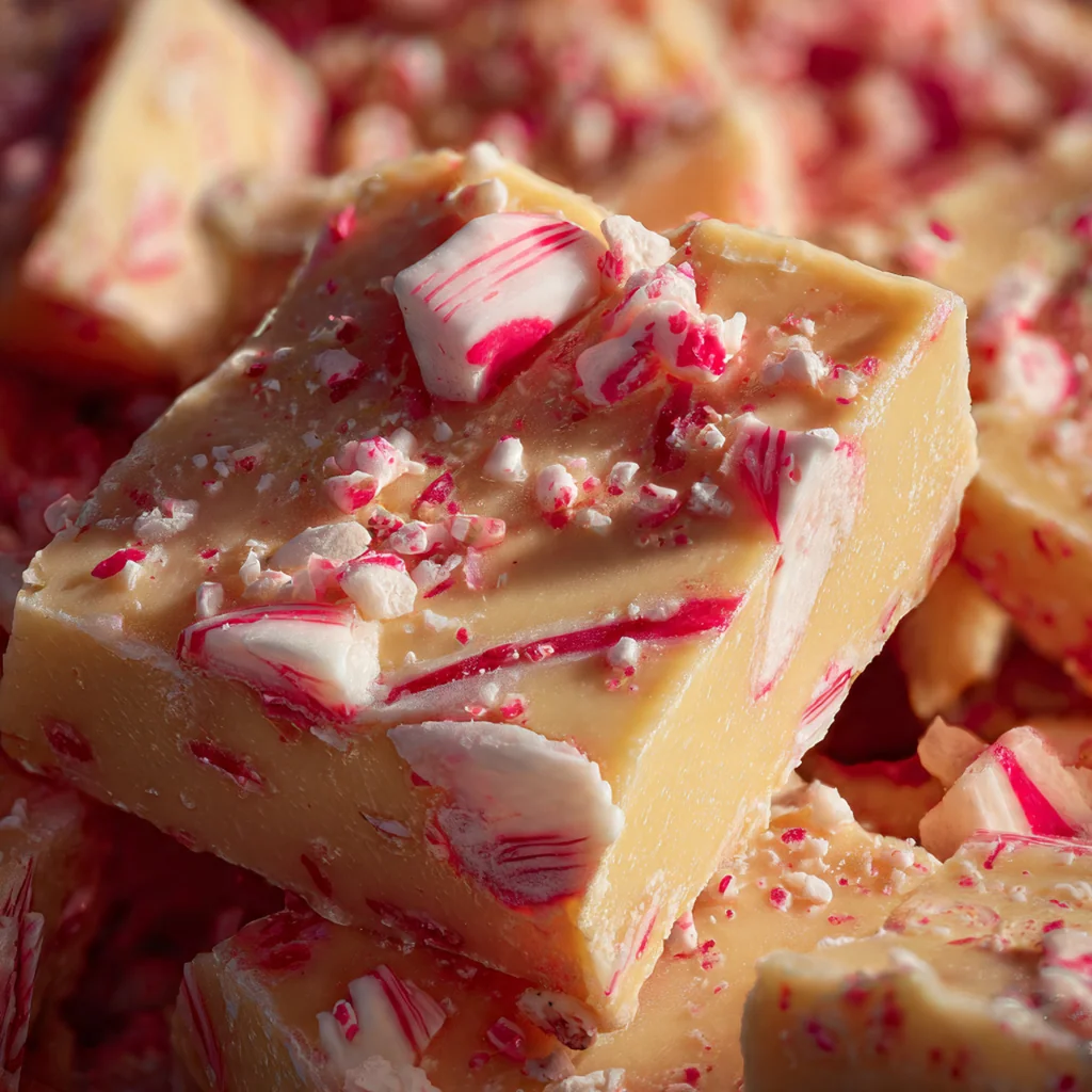 Close-up of festive fudge squares on a holiday platter with peppermint candies and pine sprigs