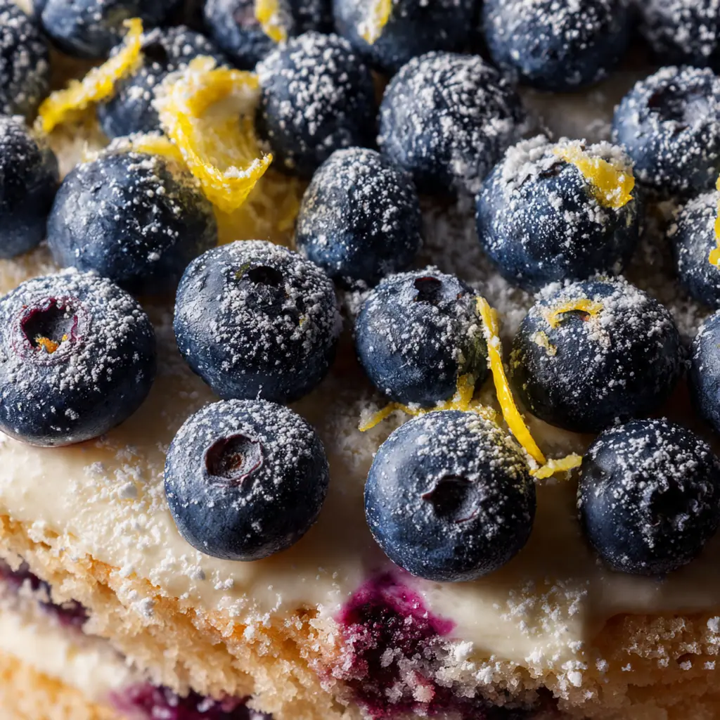 Close-up of a slice showing moist lemon layers and bursts of blueberry