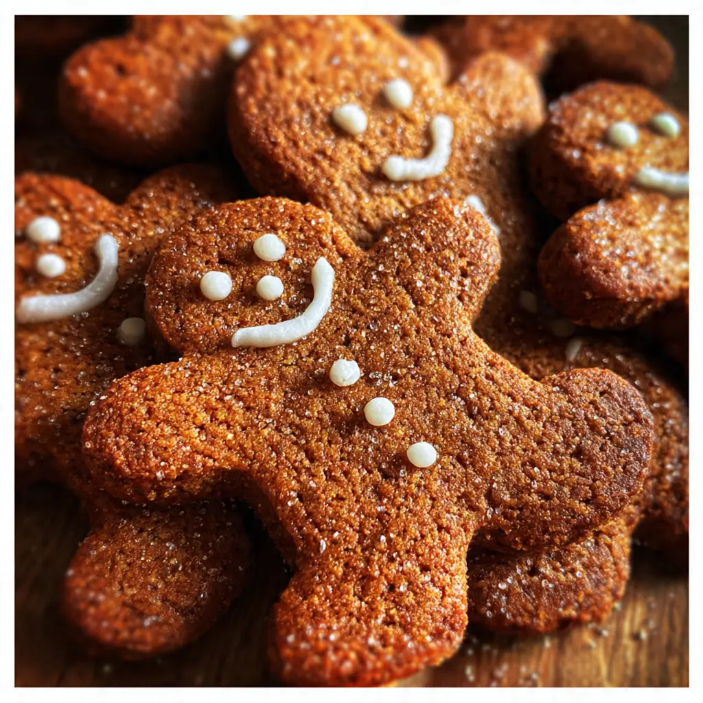 A festive holiday platter stacked with cheerful gingerbread men cookies next to a glass of milk