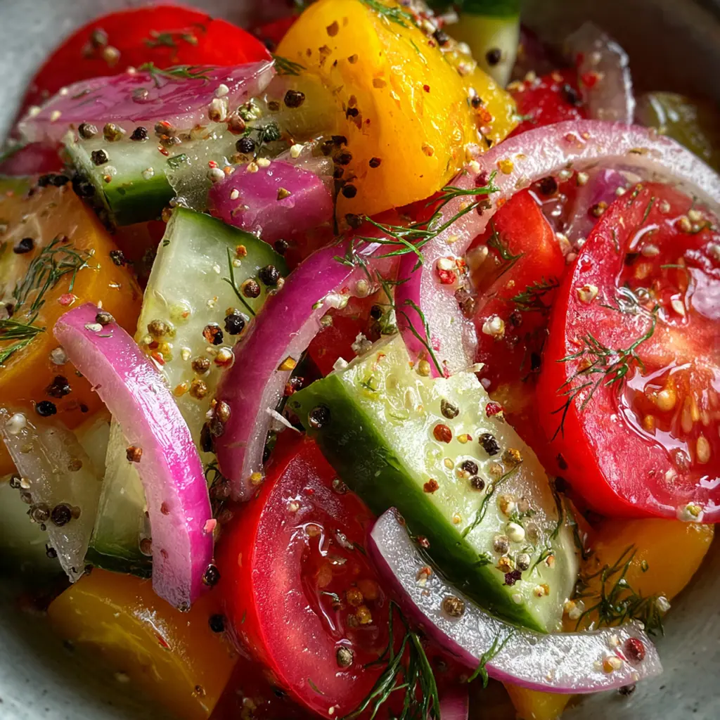Fresh ingredients including halved tomatoes, sliced cucumbers, and thin red onion rings arranged on a cutting board