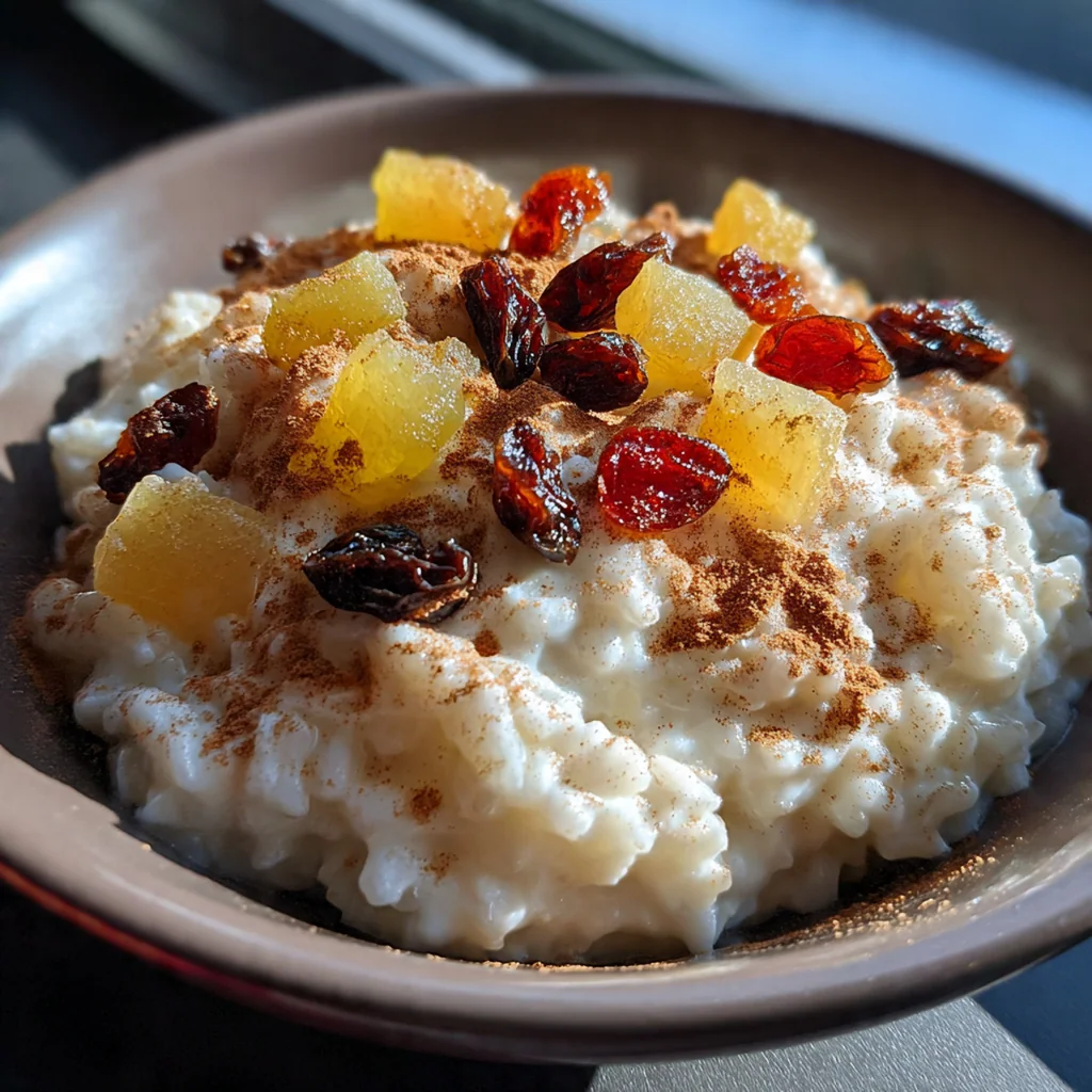 A pot of homemade vanilla rice pudding with a wooden spoon resting on the side