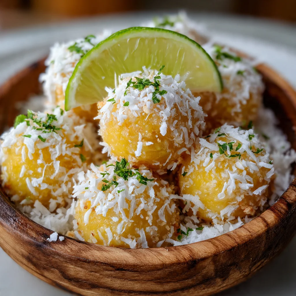 A batch of pineapple coconut balls displayed on a rustic wooden board with pineapple slices