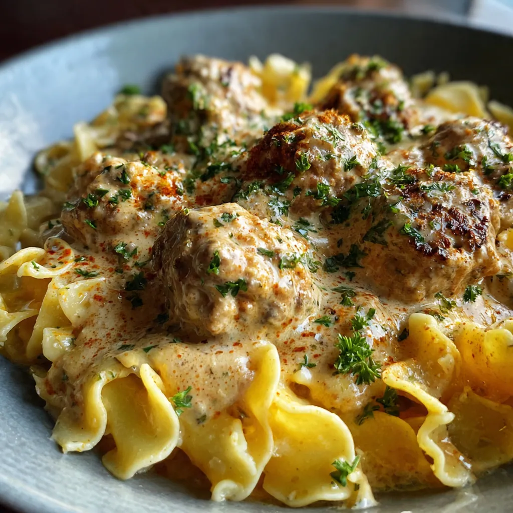 Close-up of a spoonful of stroganoff sauce with a meatball and sliced cremini mushrooms