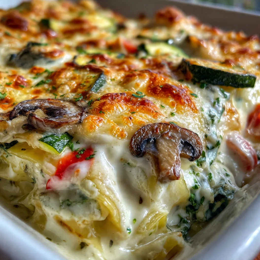 Freshly baked lasagna slice lifted to show perfect layers of béchamel, vegetables, and cheese