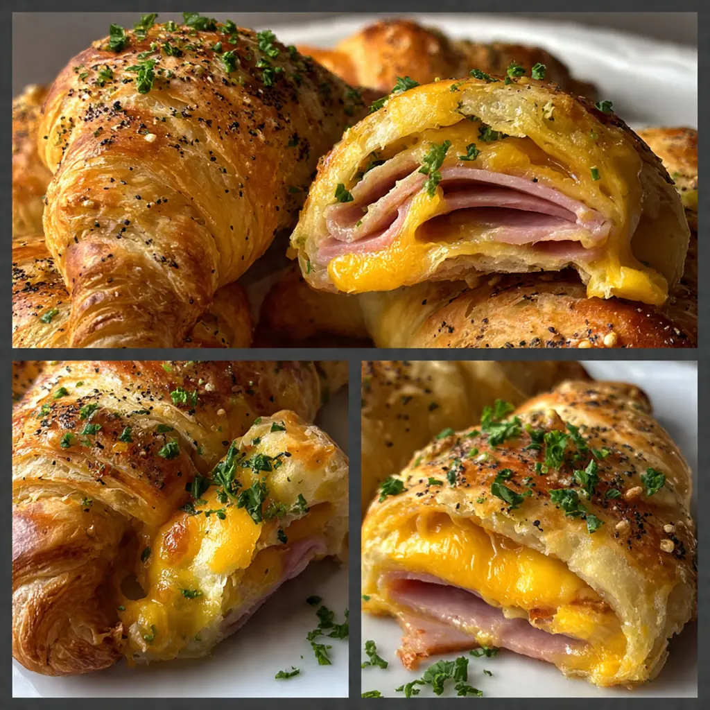 A rustic platter of ham and cheddar crescent rollups garnished with parsley next to a bowl of dipping sauce