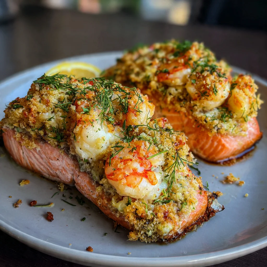 An elegant dinner plate featuring stuffed salmon with lemon wedges, fresh dill, and roasted asparagus