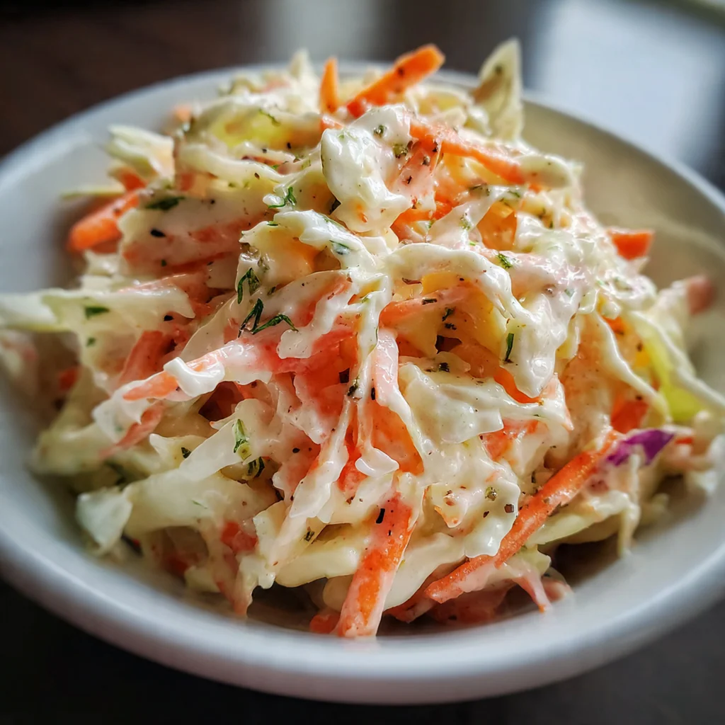 Close-up of creamy coleslaw dressing coating crisp shredded cabbage and carrots in a mixing bowl