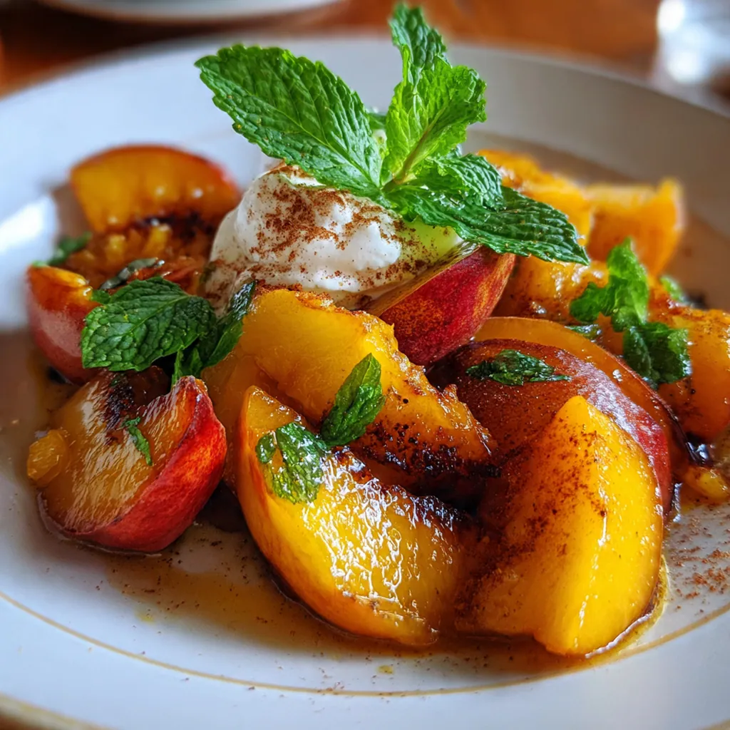 Warm pan fried sweet peaches served over vanilla ice cream with mint garnish