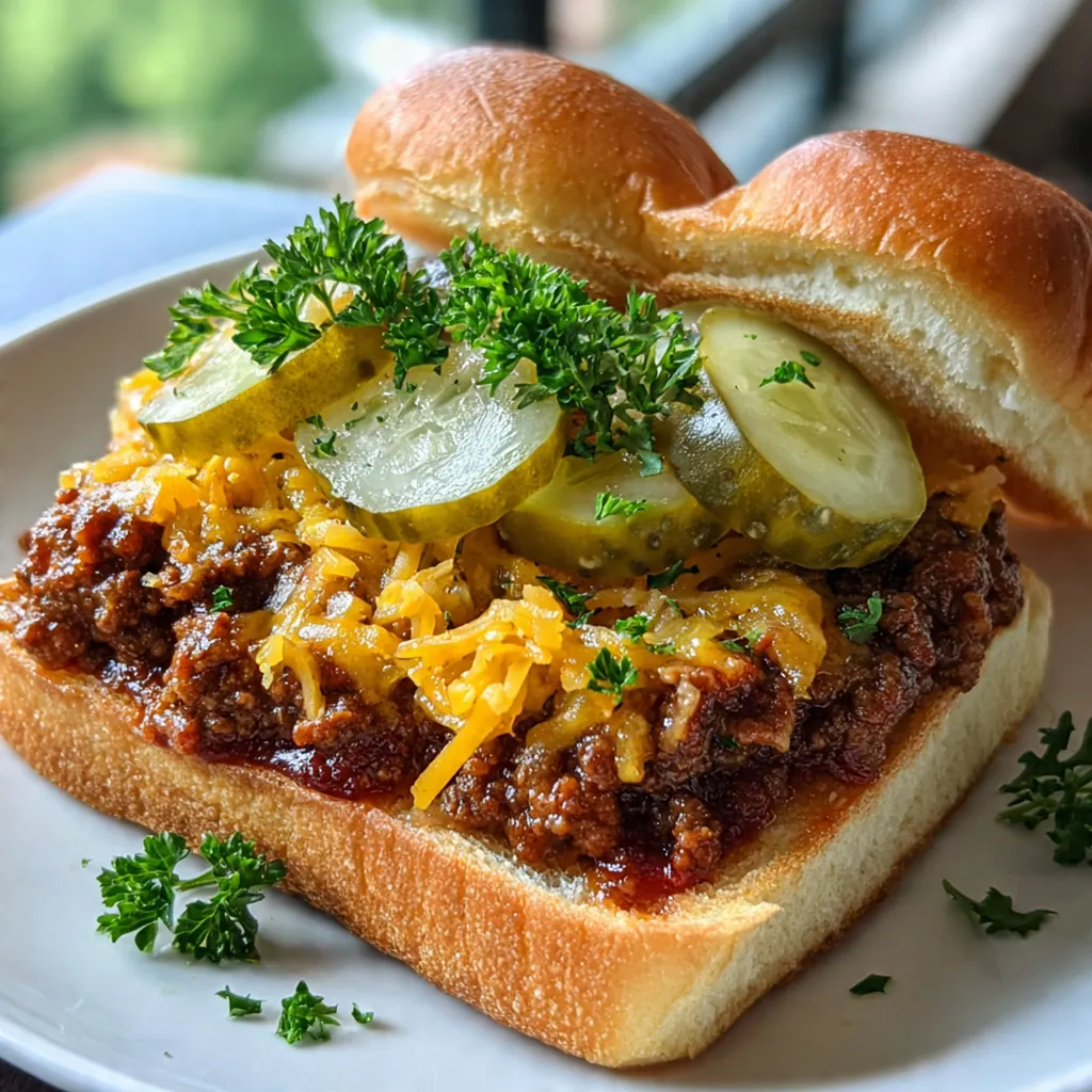 A hand pulling a gooey, cheesy slice of sloppy joe toast from the baking sheet