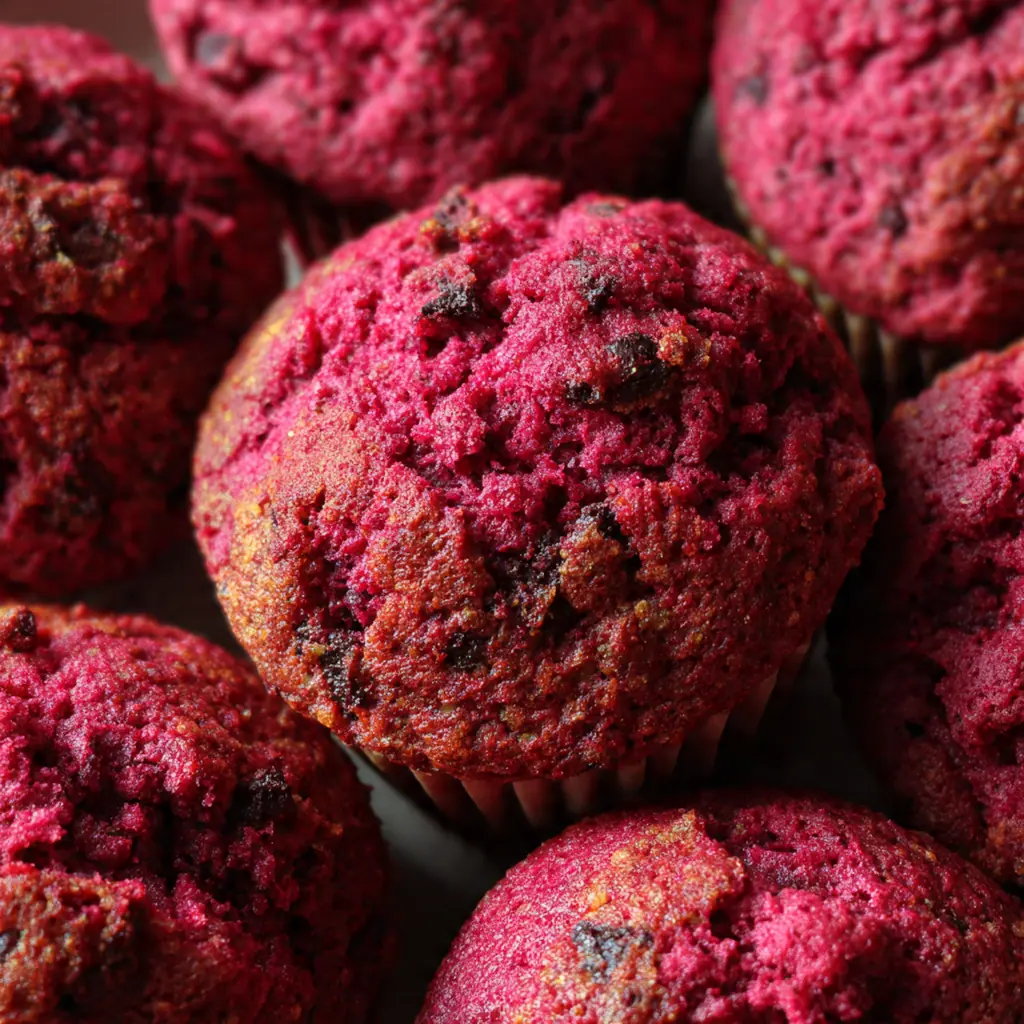 Close-up of moist beet baby muffins dusted with powdered sugar and chocolate chips