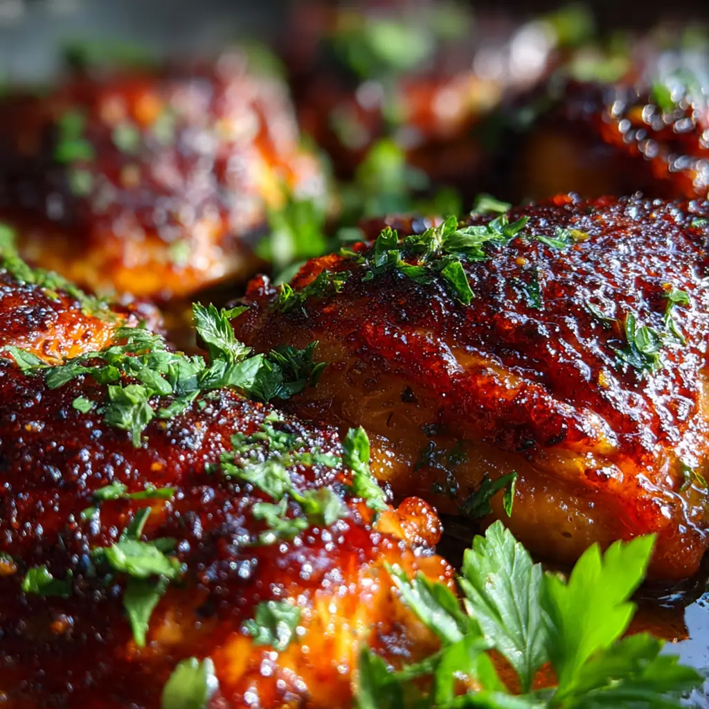 Close-up of caramelized chicken with fresh parsley and green onion garnish