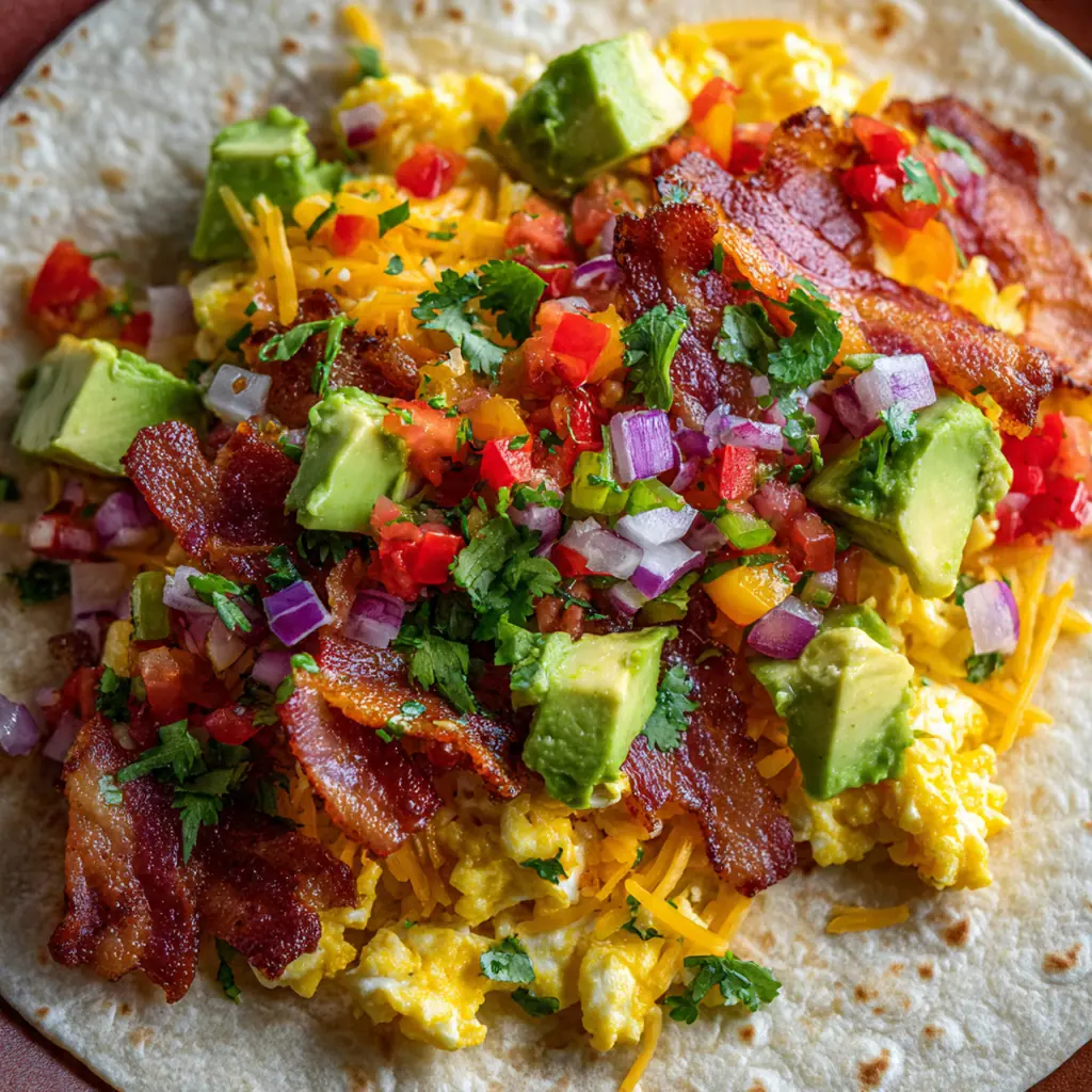 Overhead view of four golden brown breakfast burritos on a wooden board with salsa and avocado slices