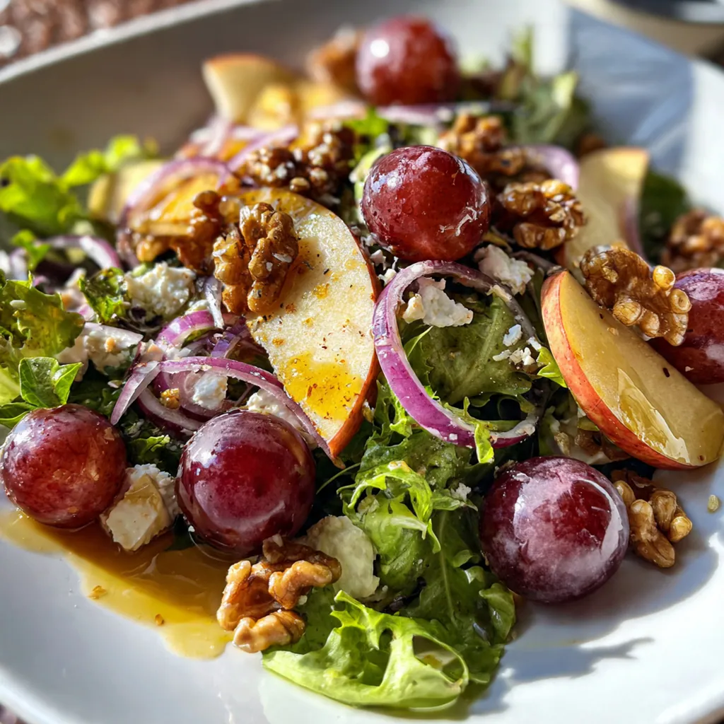 Overhead shot of the salad served on a picnic table with grilled chicken and a bread basket