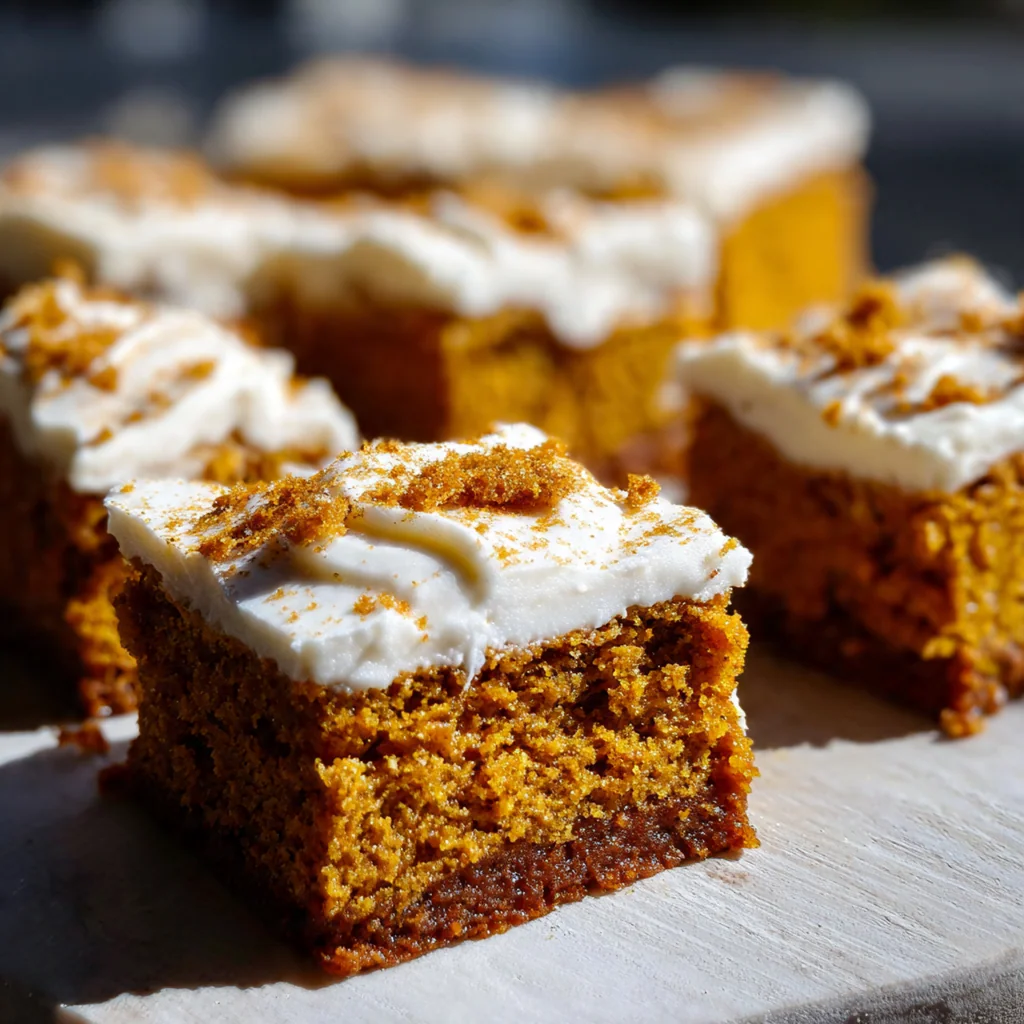 Overhead shot of pumpkin bar batter being poured into a baking pan next to a bowl of pumpkin puree and spices