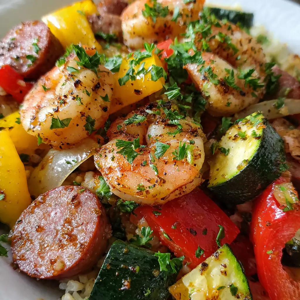 An overhead shot of the finished skillet meal served in a cast iron pan with fresh parsley garnish and lemon wedges
