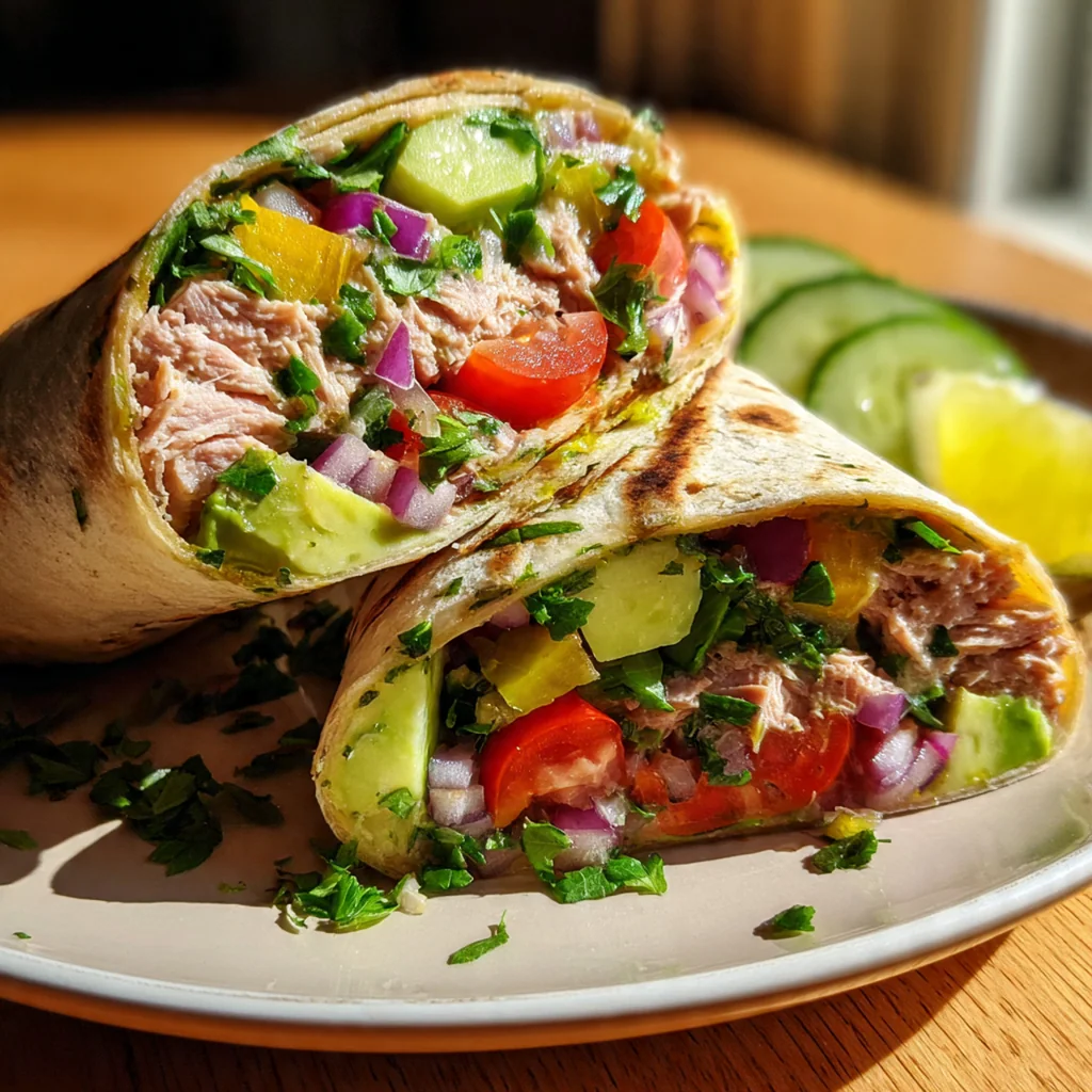 Close-up of creamy tuna and avocado salad with diced vegetables and fresh dill