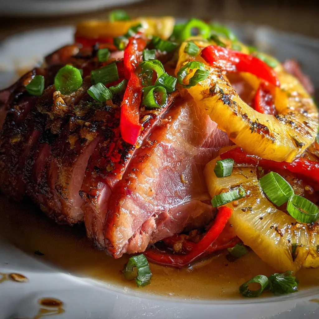 Close-up of a sliced ham drizzled with rich gravy and garnished with red cherries and green parsley