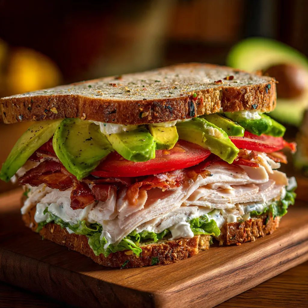 A plated turkey club sandwich triangle next to a bowl of potato chips and a pickle spear