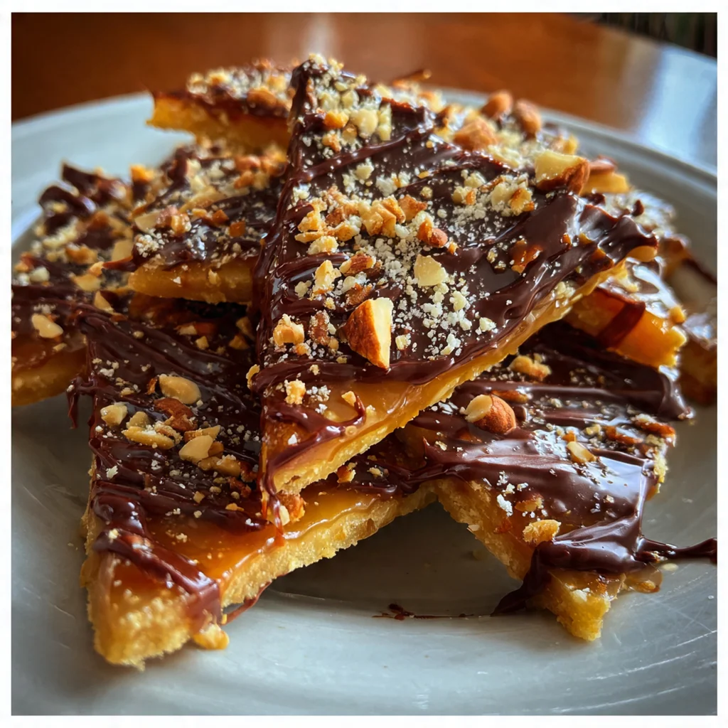 Close-up of a single piece of toffee showing its crisp layers and sprinkled sea salt