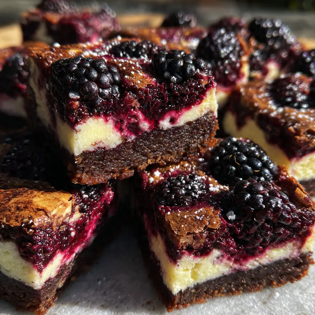 Blackberry cheesecake brownies sliced into bars with a dusting of powdered sugar on a rustic wooden board