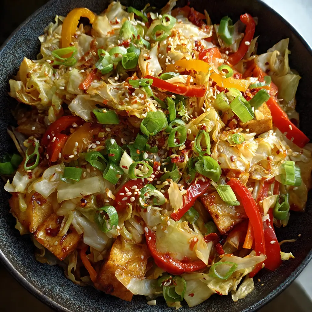 Freshly prepared stir fry topped with green onions and crispy shallots served over steaming jasmine rice