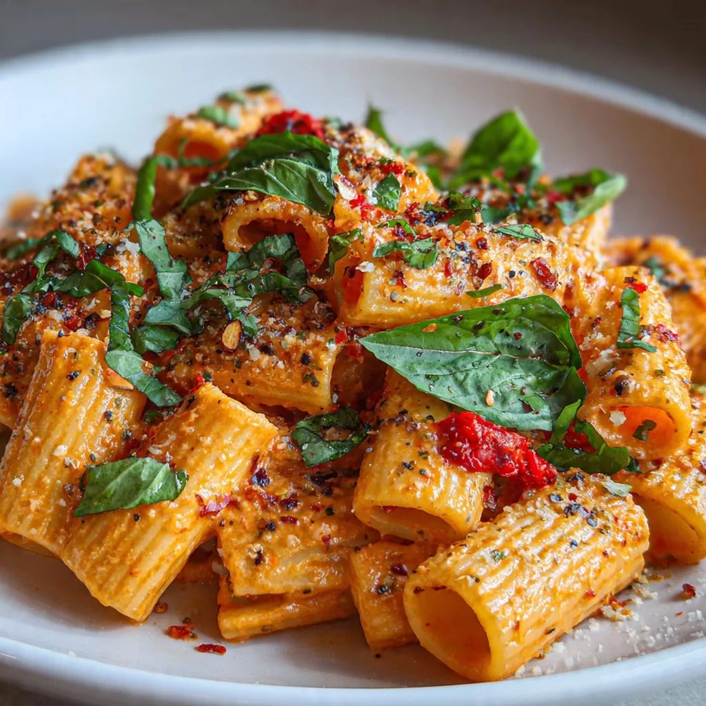 Steaming bowl of creamy rigatoni with crusty bread on the side