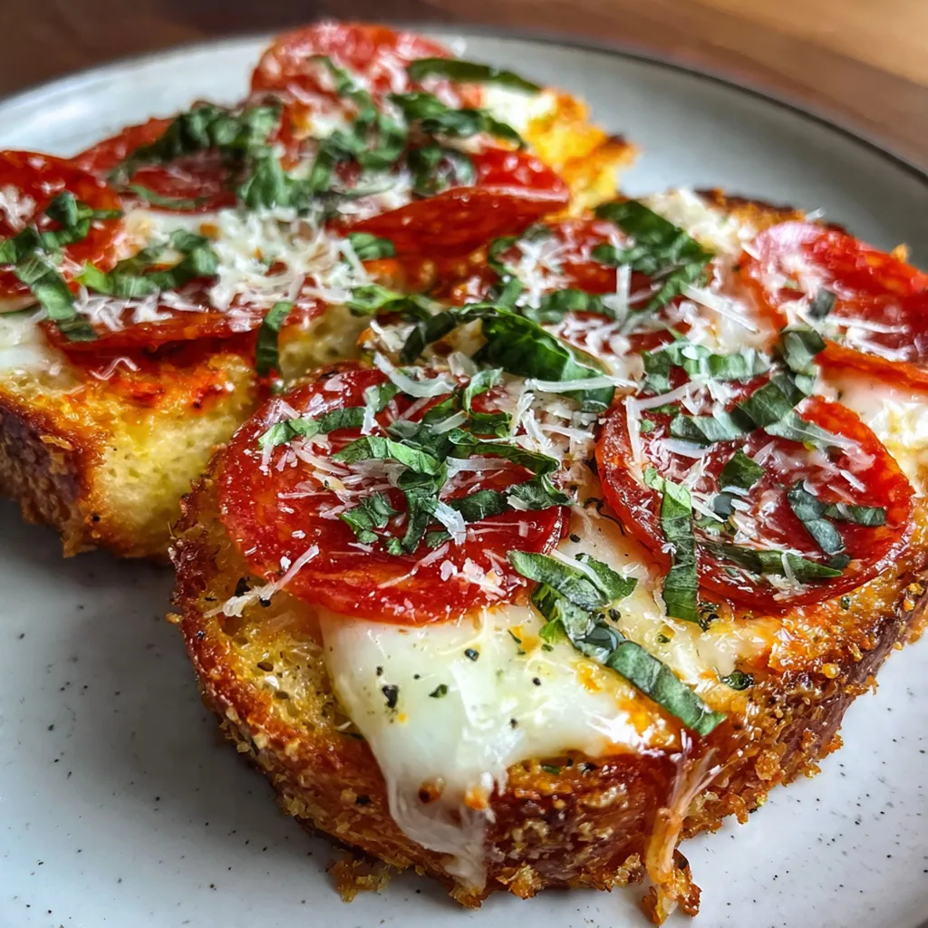 A wooden board holding four personal Texas Toast pizzas with various toppings