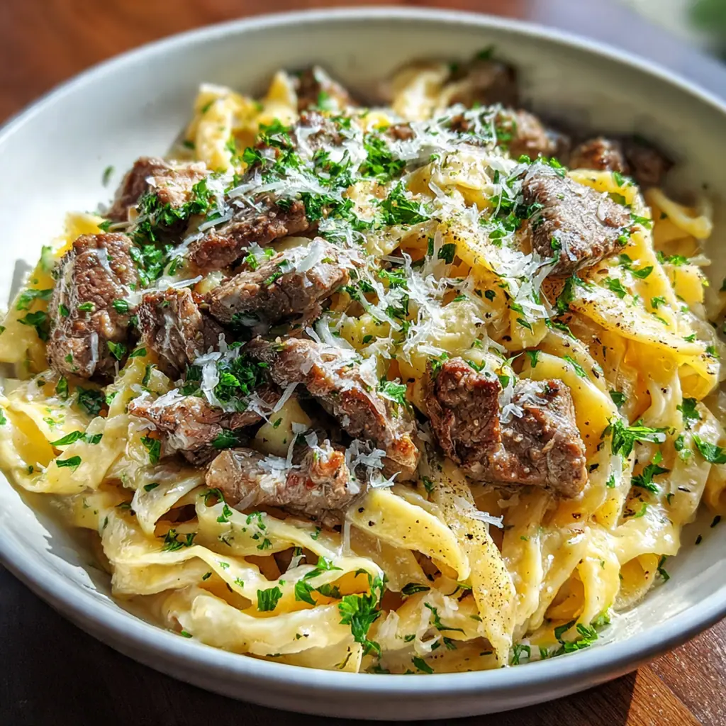 Fresh ingredients for creamy garlic beef pasta arranged on a wooden cutting board