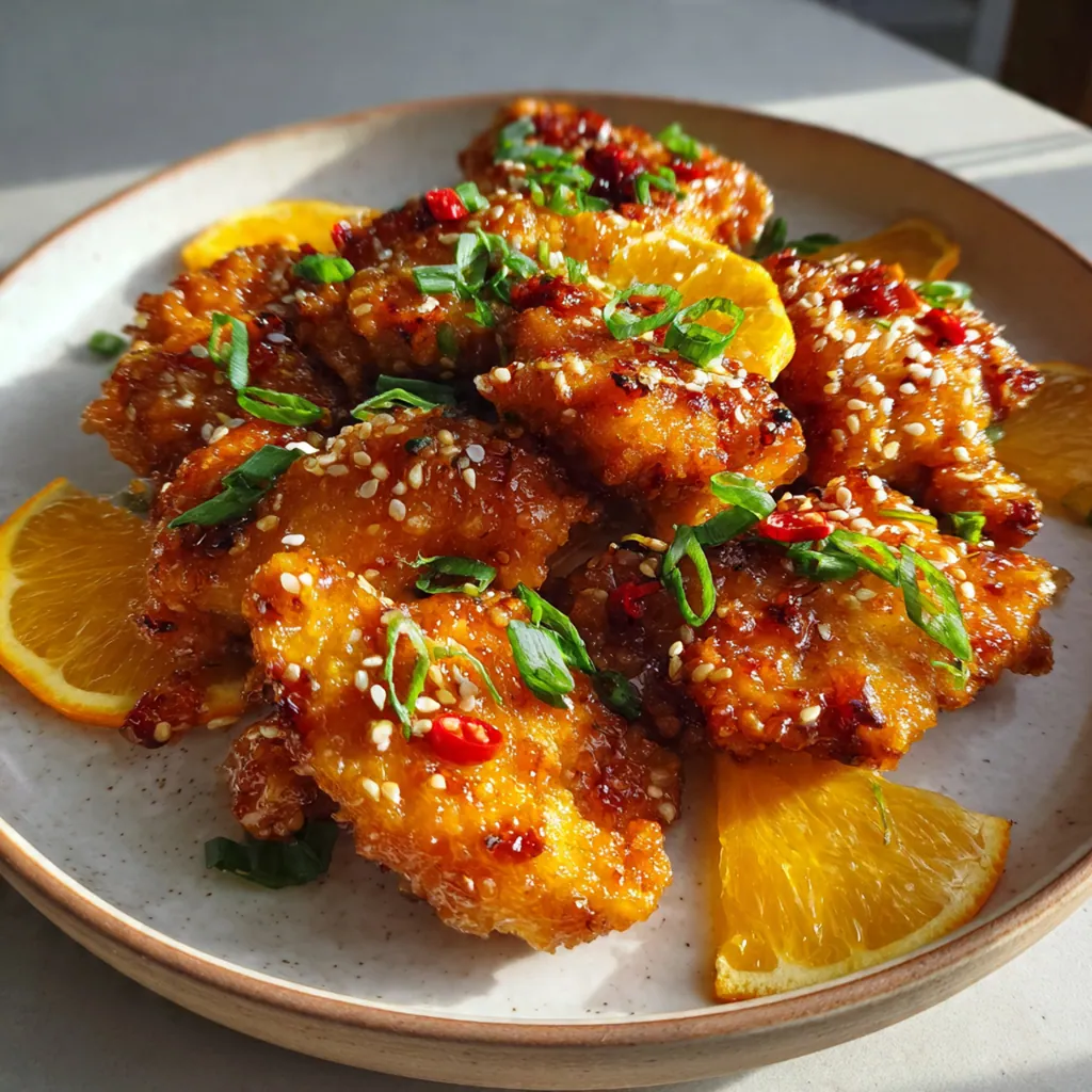 Close-up of roasted chicken thighs with sticky orange glaze and fresh green onion garnish