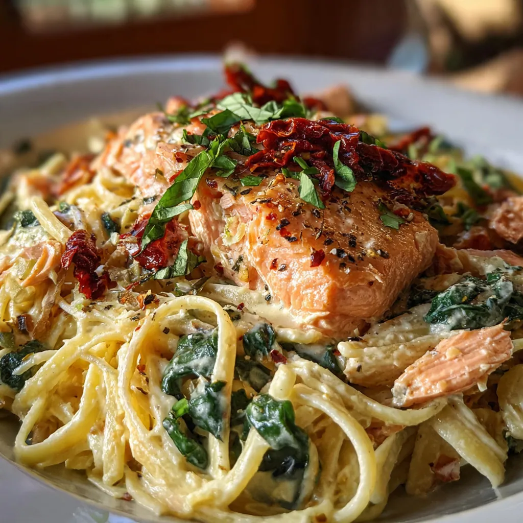 A beautifully plated bowl of Creamy Tuscan Salmon Pasta garnished with fresh basil and lemon wedges