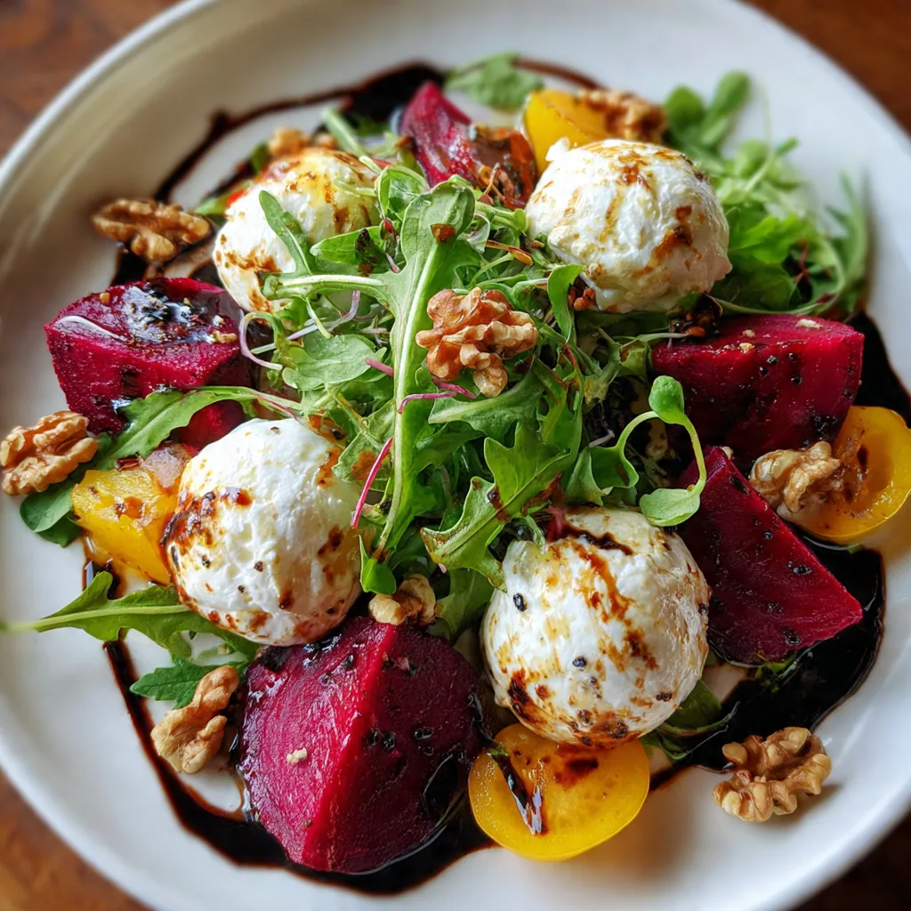 Rustic serving board with arugula base, golden and red beets, and drizzled balsamic glaze