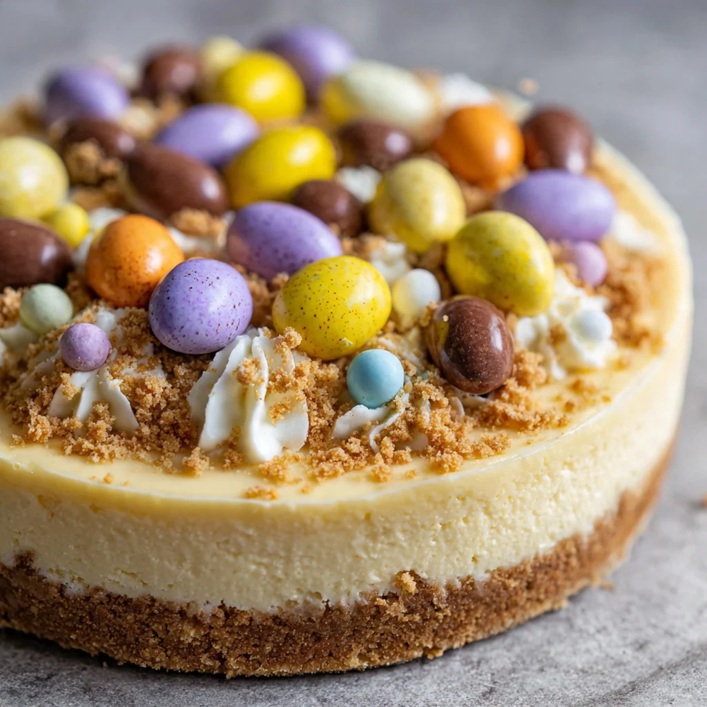Close-up of mini cheesecake showing the texture contrast between smooth filling and crunchy chocolate toppings