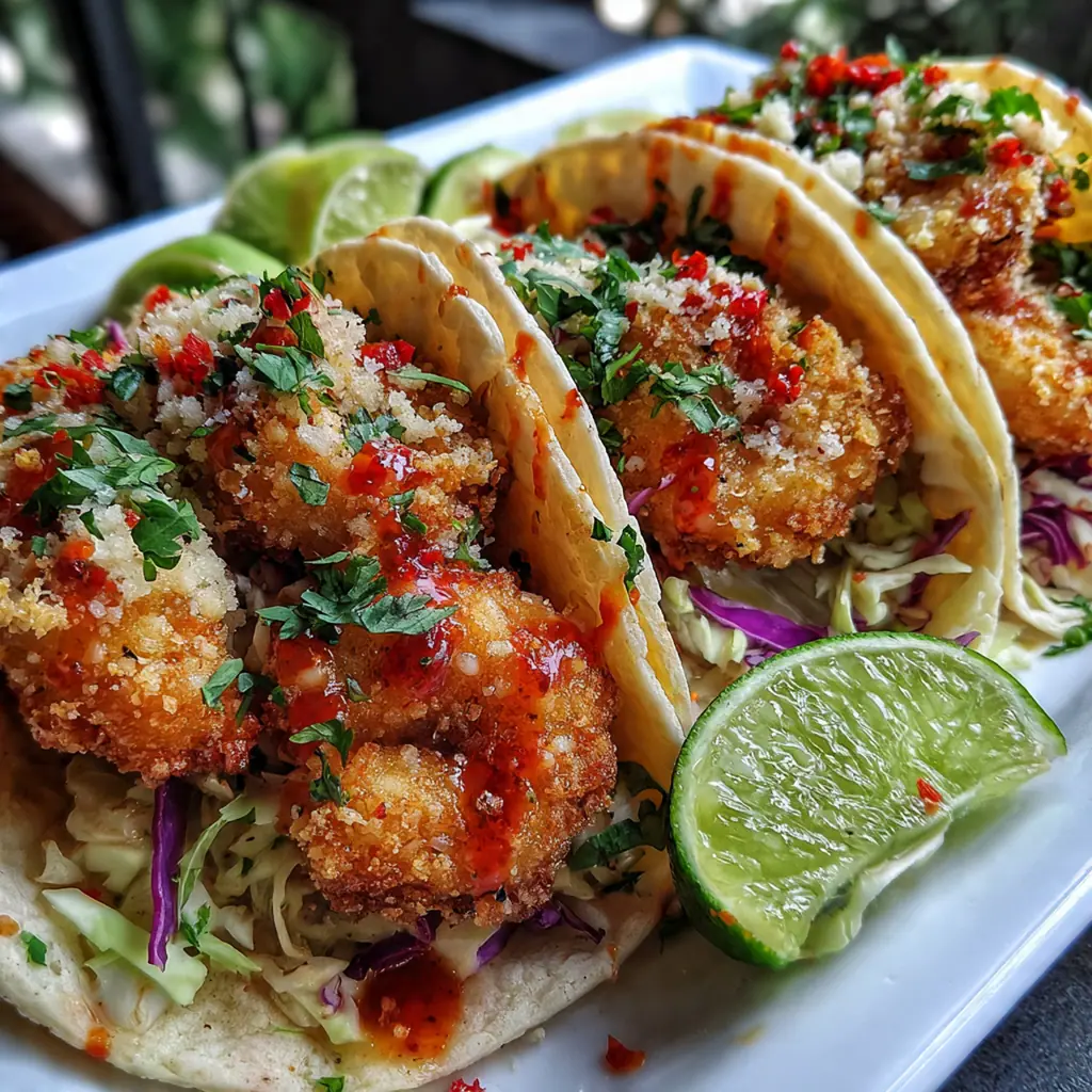Freshly assembled Bang Bang Shrimp Tacos topped with green onions and cilantro on a wooden board